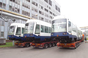 The three Tacoma Link light rail vehicles leaving the Skoda manufacturing facility in the Czech Republic.