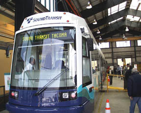 A Tacoma Link light rail car, like the one pictured above, is on display in Seattle. (Photo by Brett Davis)