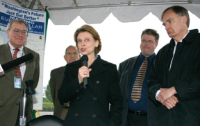 Governor Christine Gregoire was in Tacoma yesterday to sign a bill allowing the completion of the Heavy Haul Industrial Corridor within the Port of Tacoma.  According to the Port, the bill allows companies that transload cargo from rail boxcars into sealed ocean-going containers to legally operate on designated roads in the Port area.  Tacoma Mayor Bill Baarsma is pictured at right. (PHOTO BY TODD MATTHEWS)