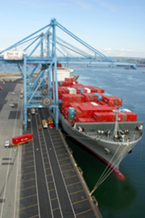 "K" Line Valencia Bridge berthed at Husky Terminal.  The shipping company recently moved to a new location at the Port of Tacoma. (PHOTO COURTESY PORT OF TACOMA)