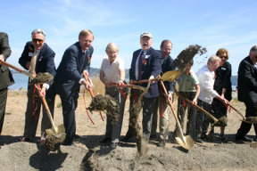 Tacoma Mayor Bill Baarsma (second from left), along with other elected officials and community leaders, breaks ground Aug. 19 on the new Chinese Reconciliation Park, located along Schuster Parkway on the shores of Commencement Bay. (PHOTO BY TODD MATTHEWS)
