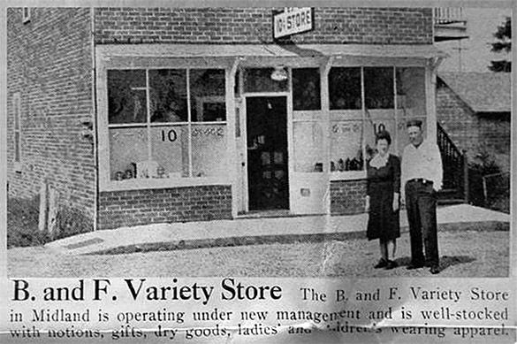 A photograph from the 1943 edition of the Midland Pointer depicts Bill and Flossy Zongas, who opened a 10-cent variety store in a Midland building now owned by community activist Stacy Emerson. The Zongases ran their shop on the ground-floor, and lived upstairs. Over the years, the 90-year-old building was home to a brothel, poker hall, and boxing ring. (PHOTO COURTESY STACY EMERSON)
