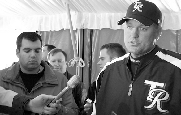 Rainiers manager Daren Brown fields questions from reporters. (PHOTO BY TODD MATTHEWS)