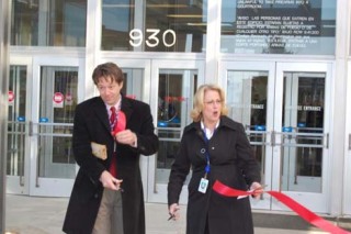 Pierce County Executive Pat McCarthy and Councilmember Tim Farrell cut a red ribbon Feb. 27 to mark the completion of the new-and-improved East Entry Plaza to the County-City Building. (PHOTO COURTESY PIERCE COUNTY)