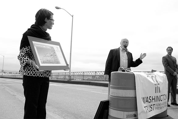 In 2008, Jennifer Meisner and Chris Moore of the Washington Trust for Historic Preservation chose Tacoma to hold its press conference to announce its annual list of Washington State's most endangered historic properties. The pair, along with State Rep. Dennis Flannigan (D-Tacoma), made the announcement on the Murray Morgan Bridge deck. (FILE PHOTO BY TODD MATTHEWS)