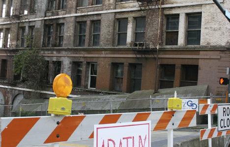 The crumbling six-story, 1890s Luzon Building in downtown Tacoma. The City of Tacoma is concerned the building, located at the corner of South 13th Street and Pacific Avenue, will suddenly collapse due to decades of neglect. (PHOTO BY TODD MATTHEWS)