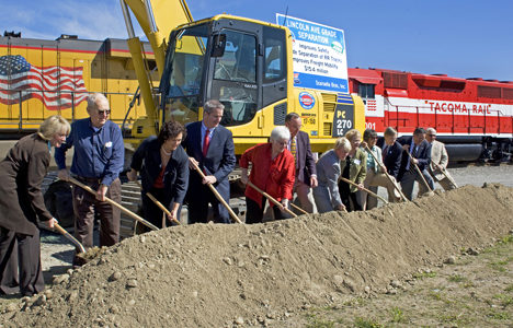 Sen. Patty Murray joined Port of Tacoma commissioners and other state and local dignitaries today to "lift" Lincoln Avenue. The "road-raising" celebration kicked off construction of the final phase of the Lincoln Avenue Grade Separation overpass. (PHOTO COURTESY PORT OF TACOMA)