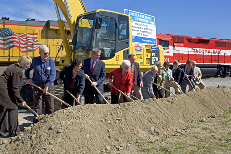 Sen. Patty Murray joined Port of Tacoma commissioners and other state and local dignitaries today to "lift" Lincoln Avenue. The "road-raising" celebration kicked off construction of the final phase of the Lincoln Avenue Grade Separation overpass. (PHOTO COURTESY PORT OF TACOMA)