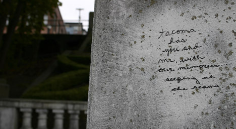 This is one of many personal notes scrawled on the surfaces of downtown Tacoma's 1916 Spanish Steps (PHOTO BY TODD MATTHEWS)