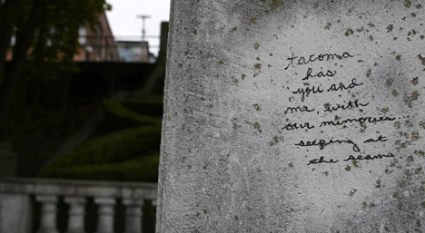 This is one of many personal notes scrawled on the surfaces of downtown Tacoma's 1916 Spanish Steps (PHOTO BY TODD MATTHEWS)