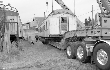 A 1910 Northern Pacific dining car is loaded onto a truck in Easton, Wash., on its way to Tacoma in 2006. (PHOTO COURTESY DAVE BURNS)