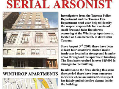 Last year, Crime Stoppers of Tacoma / Pierce County offered a $1,000 reward leading to the arrest of a serial arsonist at the Winthrop apartment building in downtown Tacoma. (IMAGE COURTESY CRIME STOPPERS TACOMA / PIERCE COUNTY)