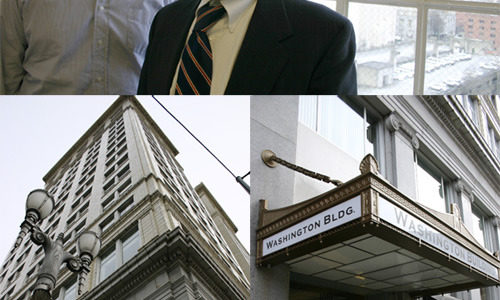 "We can't deny that it's tough," says Washington Building investor and owner representative Michael J. Allan (right) of the current recession. "The economy is just terrible. Our vacancy is very high -- much higher than we would like it to be." Still, Allan and building manager David B. Morton (left) are working with a commercial real estate broker and a local bank to draw new tenants and make investments in the historic 85-year-old building in downtown Tacoma (PHOTOS BY TODD MATTHEWS)