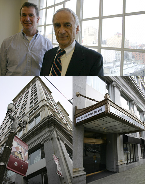 "We can't deny that it's tough," says Washington Building investor and owner representative Michael J. Allan (right) of the current recession. "The economy is just terrible. Our vacancy is very high -- much higher than we would like it to be." Still, Allan and building manager David B. Morton (left) are working with a commercial real estate broker and a local bank to draw new tenants and make investments in the historic 85-year-old building in downtown Tacoma (PHOTOS BY TODD MATTHEWS)
