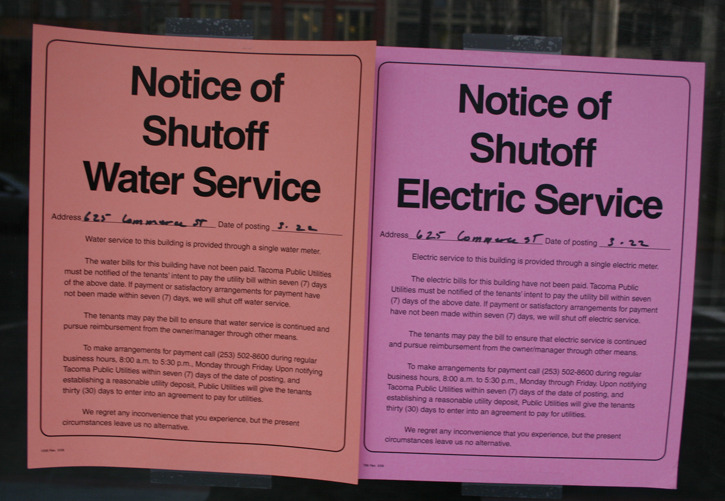 Notices to shut off water and electric services were placed on Old City Hall by Tacoma Public Utilities. (PHOTO BY TODD MATTHEWS)