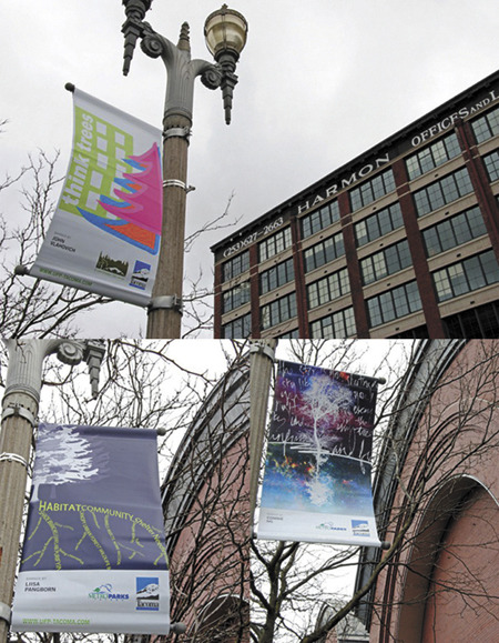 A variety of tree-themed banners designed by artists John Vlahovich (top), Connie Ng (right), and Liisa Pangborn (left) have been installed along Pacific Avenue in downtown Tacoma. (PHOTOS COURTESY CITY OF TACOMA)