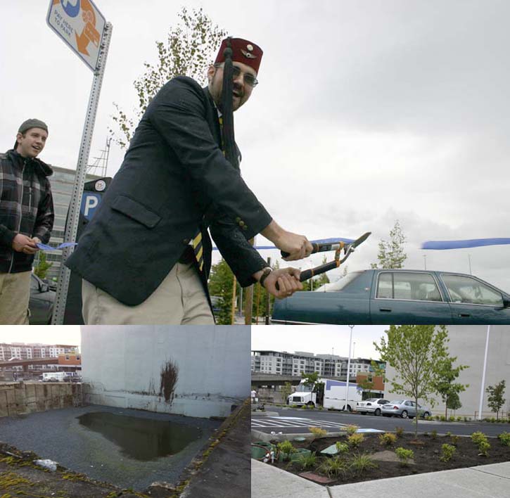 TOP: Tacoma political cartoonist R. R. Anderson marked the completion of the Sauro's parking lot downtown on Wednesday by holding a tongue-in-cheek ribbon-cutting ceremony. ABOVE LEFT/RIGHT: Parking lot site before and after. (PHOTOS BY TODD MATTHEWS)