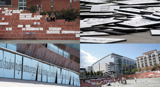 "Words," a new temporary installation by Tacoma artist James Grayson Sinding, opened in Tollefson Plaza Saturday afternoon. Sinding dumped hundreds of hand-painted wooden words, refrigerator-magnet-style, onto the plaza out of the back of a shiny dump truck. (PHOTOS COURTESY KEVIN FREITAS / FEEDTACOMA.COM)