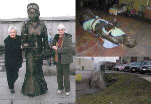 CLOCKWISE FROM TOP LEFT: Griselda 'Babe' Lehrer (left) and artist Marilyn Mahoney (right) stand next to the Goddess of Commerce statue; The statue is currently in storage in a building along Opera Alley; supporters say it will be publicly unveiled on Weds., Aug. 31 at 4 p.m. at a permanent site near the intersections of South Sixth Avenue, St. Helens Avenue, and South Baker Street, in the so-called Triangle Business District and Theater District. (PHOTOS COURTESY TACOMA THEATER DISTRICT ASSOCIATION)