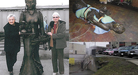 CLOCKWISE FROM TOP LEFT: Griselda 'Babe' Lehrer (left) and artist Marilyn Mahoney (right) stand next to the Goddess of Commerce statue; The statue is currently in storage in a building along Opera Alley; supporters say it will be publicly unveiled on Weds., Aug. 31 at 4 p.m. at a permanent site near the intersections of South Sixth Avenue, St. Helens Avenue, and South Baker Street, in the so-called Triangle Business District and Theater District. (PHOTOS COURTESY TACOMA THEATER DISTRICT ASSOCIATION)