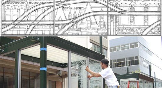 TOP: One of artist Chandler O'Leary's early sketches of the piece. ABOVE: Workers installing etched glass panels designed by O'Leary. (PHOTOS COURTESY CHANDLER O'LEARY)