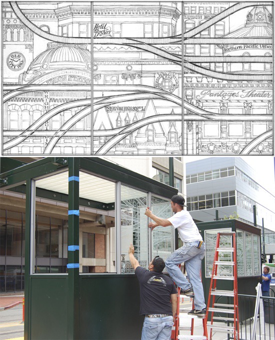 TOP: One of artist Chandler O'Leary's early sketches of the piece. ABOVE: Workers installing etched glass panels designed by O'Leary. (PHOTOS COURTESY CHANDLER O'LEARY)