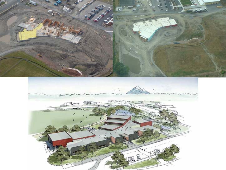 TOP LEFT: An aerial view of the STAR Center construction site on March 6, 2011; TOP RIGHT: An aerial view on Aug. 30, 2011. ABOVE: Design schematic for the STAR Center. (PHOTOS / IMAGES COURTESY METRO PARKS TACOMA)