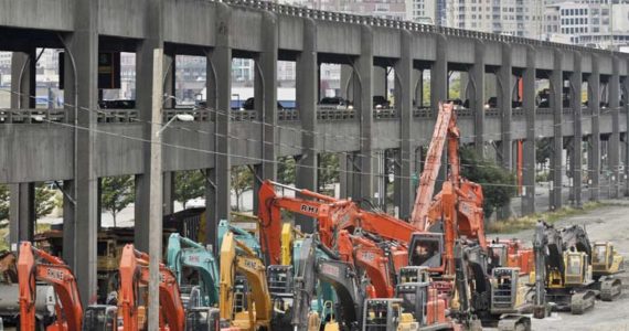 The machines that will demolish the south end of the Alaskan Way Viaduct stacked up on the east side of the viaduct near Royal Brougham Way. The demolition starts the evening of Oct. 21, 2011. (PHOTO COURTESY WSDOT)