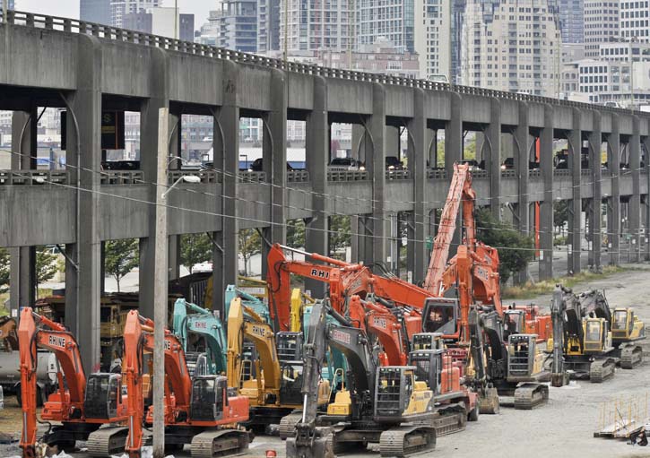 The machines that will demolish the south end of the Alaskan Way Viaduct stacked up on the east side of the viaduct near Royal Brougham Way. The demolition starts the evening of Oct. 21, 2011. (PHOTO COURTESY WSDOT)