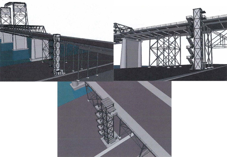 Tacoma City Council's environment and public works committee Wednesday approved a recommendation to add an elevator and staircase to the north side of the Murray Morgan Bridge in order to connect Dock Street and Thea Foss Waterway to 11th Street and downtown Tacoma. The approved design depicted here shows an elevator encased in a steel frame shaft with a switchback staircase mounted to the side. (CITY OF TACOMA)