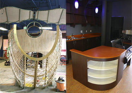 CLOCKWISE FROM TOP: "The Children's Museum has been looking for a new home for a long time," says Children's Museum of Tacoma Executive Director Tanya Andrews, who has been with the museum for 15 years. The museum is in the process of relocating from Broadway to a larger space on Pacific Avenue, and will re-open in January. "I can't remember a time that we weren't dreaming about a new home"; The new museum will include a cafe serving espresso, snacks, and sandwiches; a wood-themed "playscape" exhibit; an orientation room for visitors to meet staff and each other; One of the new playscape exhibits under construction is "Voyager," a hybrid pirate ship / cargo wagon / rocket with giant wings, a wheel house, gauges, signals and communications gear. (PHOTOS BY TODD MATTHEWS)