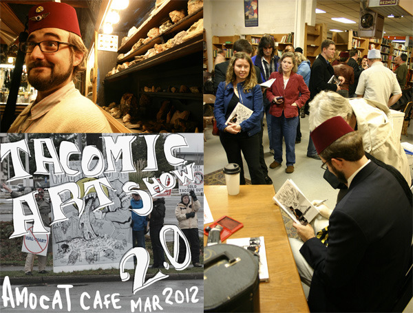 Tacoma political cartoonist R. R. Anderson will show his work during the month of March at Amocat Cafe. (PHOTOS BY TODD MATTHEWS / GRAPHIC BY R. R. ANDERSON)