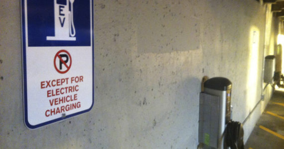 An electric vehicle charging station at A Street Garage in downtown Tacoma. (PHOTO BY TODD MATTHEWS)