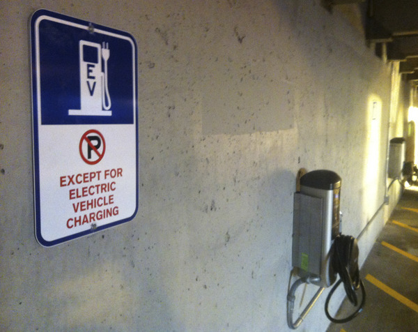 An electric vehicle charging station at A Street Garage in downtown Tacoma. (PHOTO BY TODD MATTHEWS)