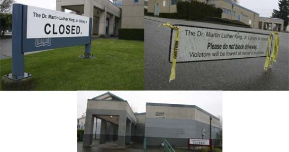 Two Tacoma Public Library branches -- the Dr. Martin Luther King Jr. Branch located at 1902 South Cedar Street (TOP LEFT/RIGHT) and the Swan Creek Branch located at 3828 East Portland Avenue (ABOVE CENTER) -- are slated to be sold to buyers with means and community interest. (PHOTOS BY TODD MATTHEWS)