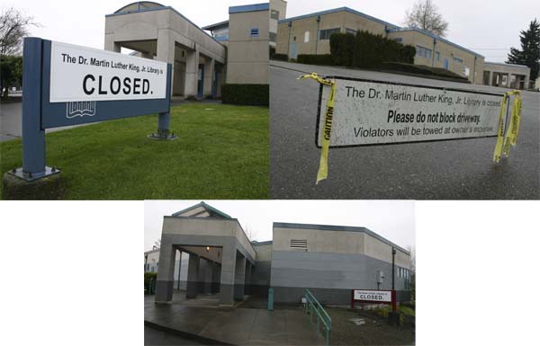 Two Tacoma Public Library branches -- the Dr. Martin Luther King Jr. Branch located at 1902 South Cedar Street (TOP LEFT/RIGHT) and the Swan Creek Branch located at 3828 East Portland Avenue (ABOVE CENTER) -- are slated to be sold to buyers with means and community interest. (PHOTOS BY TODD MATTHEWS)