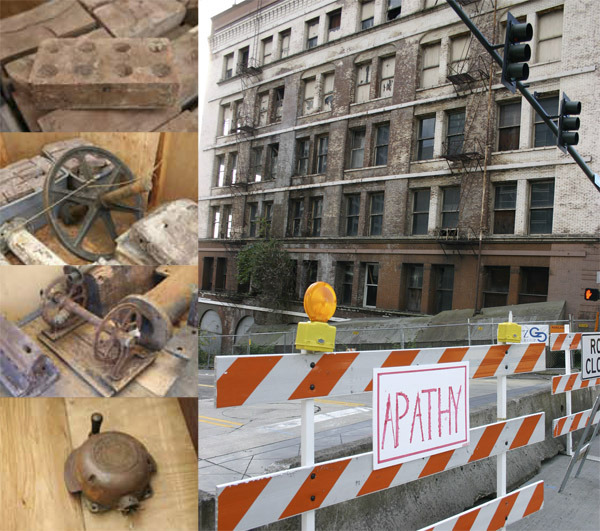 Bricks, an elevator fly wheel, a fire hose reel, and an elevator operator controller are some of the 450 artifacts left over after the 1891 Luzon Building in downtown Tacoma was demolished in 2009. (ARTIFACT PHOTOS COURTESY CITY OF TACOMA / LUZON BUILDING FILE PHOTO BY TODD MATTHEWS)