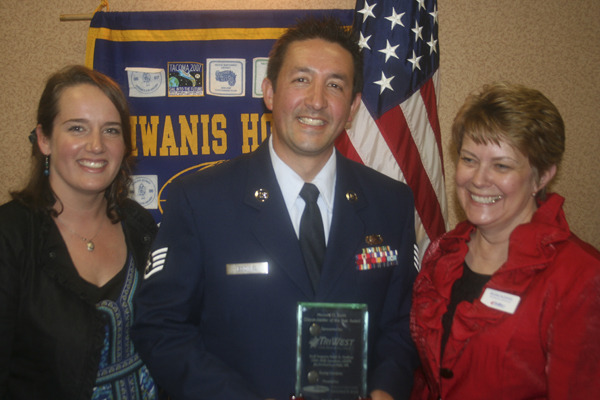 U.S. Air Force Reservist Staff Sergeant Ralph Godinez was awarded the Tacoma-Pierce County Chamber's 2012 Howard O. Scott Citizen-Soldier of the Year Award. He is joined by his wife, Amy Godinez (left), and TriWest Healthcare Alliance's Regina McDaniel. (PHOTO COURTESY TACOMA-PIERCE COUNTY CHAMBER)