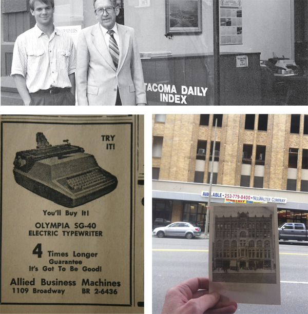 TOP: Tacoma native Marshall B. Skidmore, with his son, Rob, in October of 1989, outside the Tacoma Daily Index's office on Pacific Avenue in downtown Tacoma. Skidmore, who passed away on July 23, 2007, at the age of 83, owned the Index for 37 years (PHOTO COURTESY SKIDMORE FAMILY); ABOVE RIGHT: When our newspaper opened its doors in 1890, it did so inside a five-story stone-and-brick building located at 1110-1116 Pacific Avenue in downtown Tacoma. The building was demolished in 1931 to make way for a parking garage (PHOTO BY TODD MATTHEWS / HISTORIC PHOTO COURTESY TACOMA PUBLIC LIBRARY); Forget iPads and laptops. An advertisement for a new electric typewriter ran in the Tacoma Daily Index on Oct. 8, 1964.(PHOTOS VIA TACOMA DAILY INDEX)