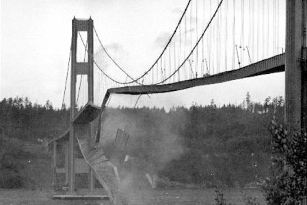 Tacoma's Galloping Gertie collapses during a 1940 wind storm. (PHOTO COURTESY WSDOT)