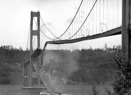 Tacoma's Galloping Gertie collapses during a 1940 wind storm. (PHOTO COURTESY WSDOT)