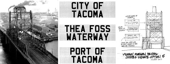 Tacoma's Landmarks Preservation Commission will consider a proposal to install letter signage on the Murray Morgan Bridge. (IMAGES COURTESY CITY OF TACOMA)
