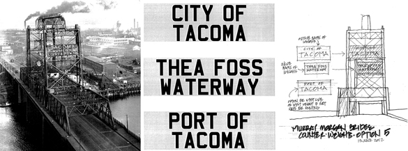 Tacoma's Landmarks Preservation Commission will consider a proposal to install letter signage on the Murray Morgan Bridge. (IMAGES COURTESY CITY OF TACOMA)
