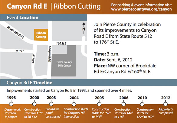 Pierce County residents are invited to celebrate the completion of a series of Canyon Road East corridor road projects from State Route 512 to 176th Street East. (IMAGE COURTESY PIERCE COUNTY)