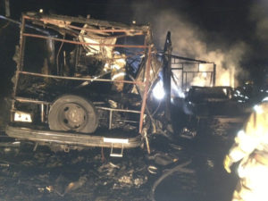 Eight companies of Tacoma fire fighters responded Sunday evening to a fire that engulfed a 480-square-foot detached garage in the 1200 block of East 65th Street. The cause of the fire, which destroyed two vehicles, is currently under investigation. (PHOTO COURTESY TACOMA FIRE DEPARTMENT)