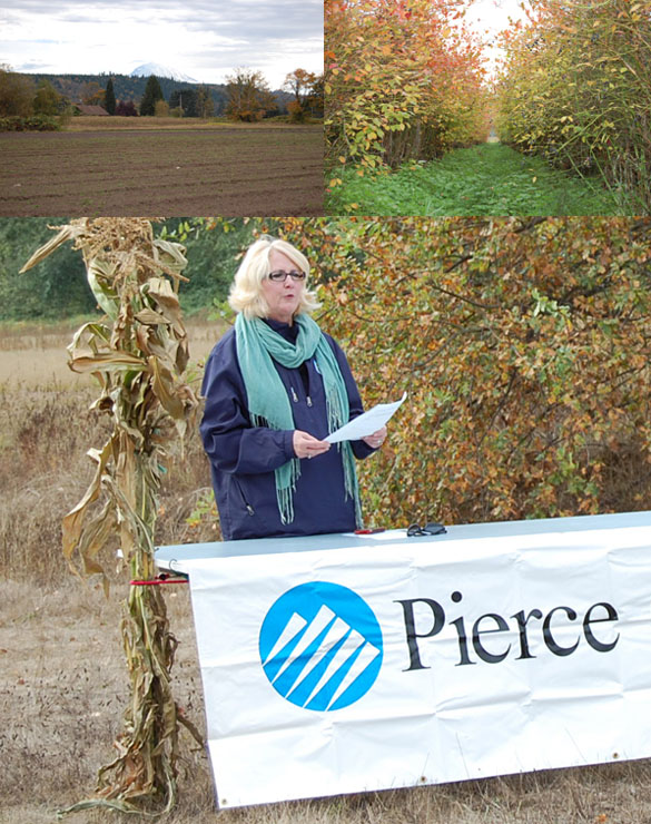 Pierce County, the PCC Farmland Trust and other farm advocates gathered recently to celebrate the purchase and preservation of historic Reise Farm (top left) near Orting. The 120-acre farm includes 80 tillable acres, 40 acres that contain a wooded hillside, and blueberry bushes (top right). "Farming is part of our heritage, and it remains an important component of our local economy and community," said Pierce County Executive Pat McCarthy (above). (PHOTOS COURTESY PIERCE COUNTY)