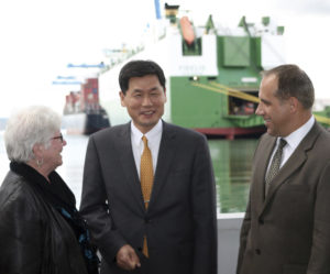 Gheewhan Kim (center), minister for economic affairs at the Korean Embassy in Washington, D.C. was in Tacoma Wednesday to meet with Port of Tacoma CEO John Wolfe (right) and Port Commissioner Clare Petrich (left). (PHOTO COURTESY PORT OF TACOMA)