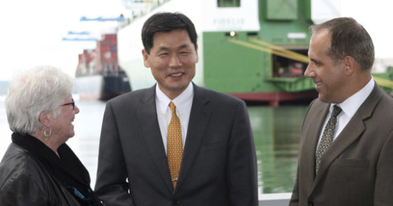 Gheewhan Kim (center), minister for economic affairs at the Korean Embassy in Washington, D.C. was in Tacoma Wednesday to meet with Port of Tacoma CEO John Wolfe (right) and Port Commissioner Clare Petrich (left). (PHOTO COURTESY PORT OF TACOMA)