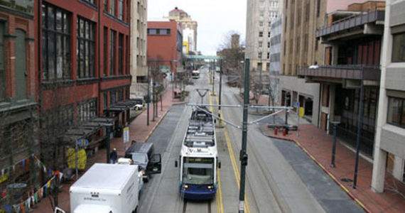 Sound Transit's Link light rail passes through downtown Tacoma. (FILE PHOTO BY TODD MATTHEWS)