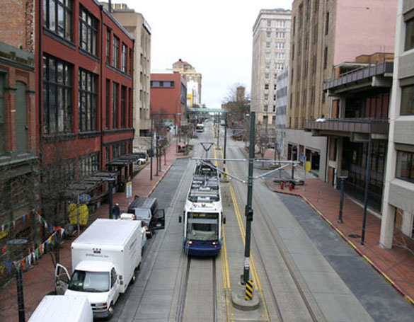 Sound Transit's Link light rail passes through downtown Tacoma. (FILE PHOTO BY TODD MATTHEWS)